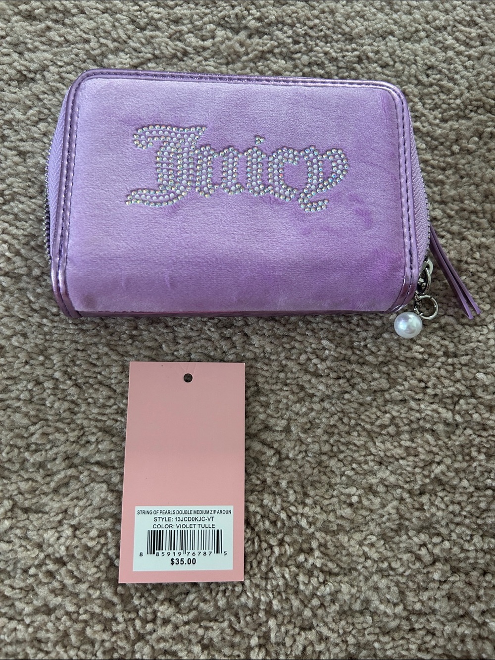 Juicy Couture Lavender Suede Zip Wallet with Crystal Logo
